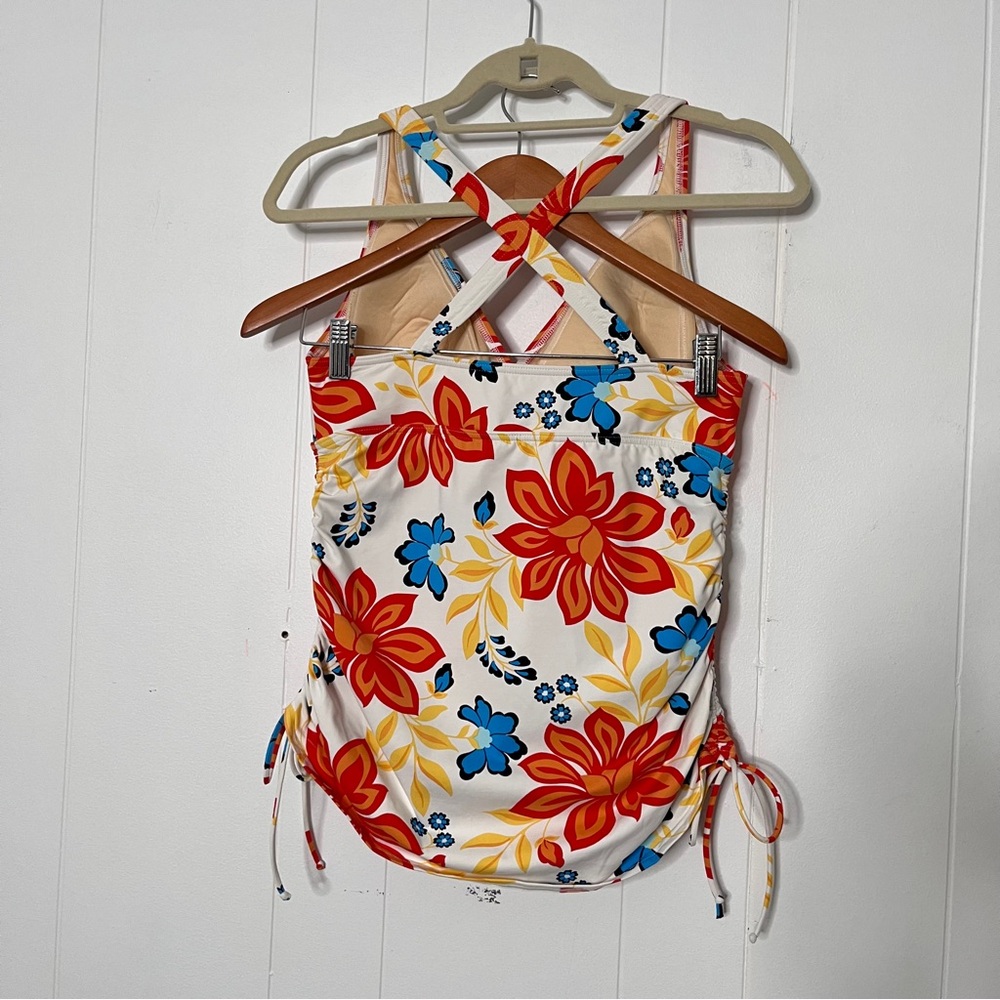 Lands' End Floral Cross-Back Women's Tankini Swim Top Ruched sides Size 10 DD - Picture 5 of 8